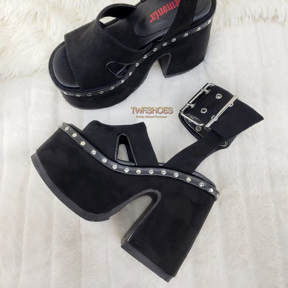 Camel 102 Stacked Black Velvet Platform Sandals Goth Punk Demonia Emo - Picture 3 of 10